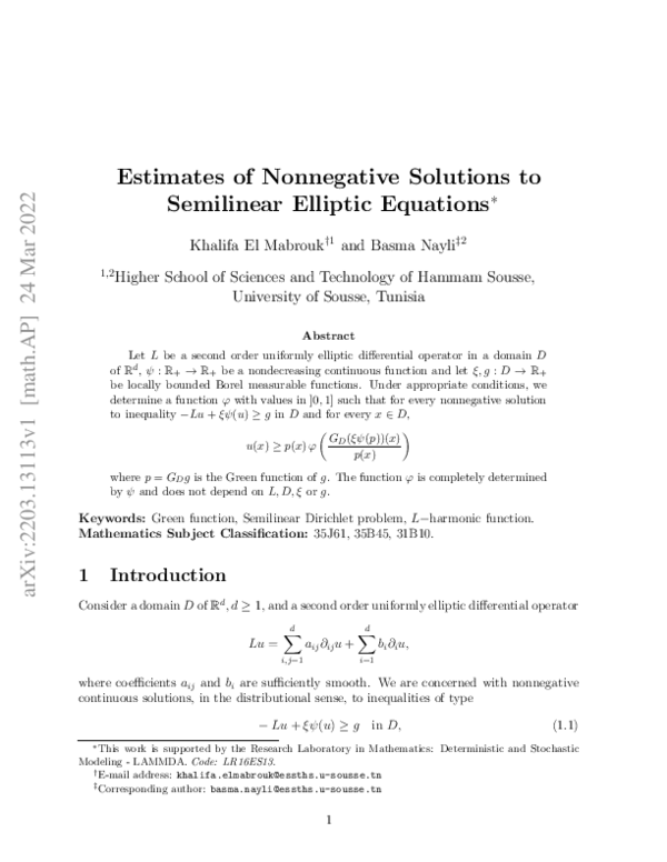 (PDF) Estimates of Nonnegative Solutions to Semilinear Elliptic Equations