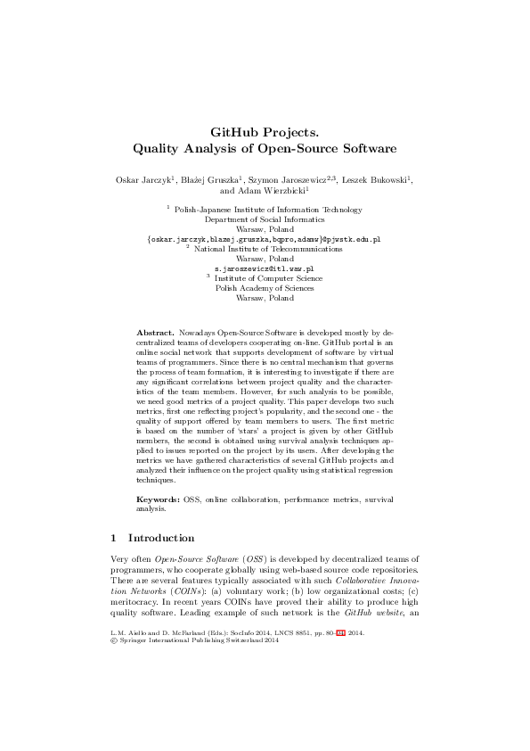 (PDF) GitHub Projects. Quality Analysis of Open-Source Software
