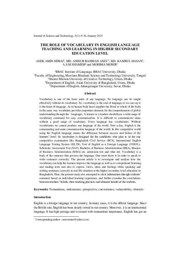 (PDF) The Role of Vocabulary in English Language Teaching and Learning ...