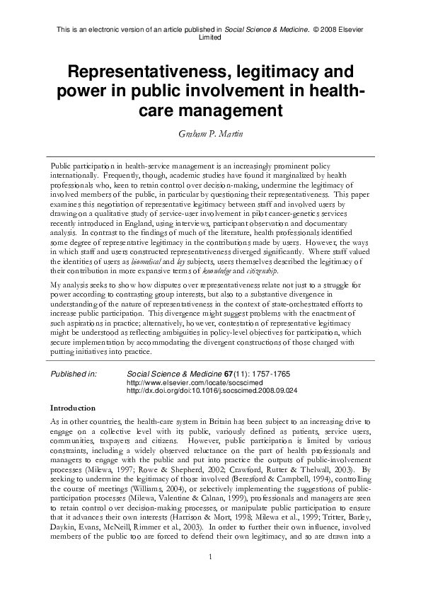 (PDF) Representativeness, legitimacy and power in public involvement in