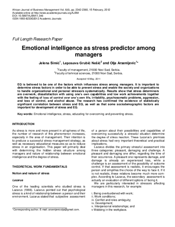 (PDF) Emotional intelligence as stress predictor among managers