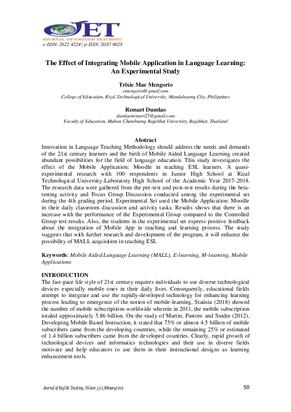 (PDF) The Effect of Integrating Mobile Application in Language Learning ...