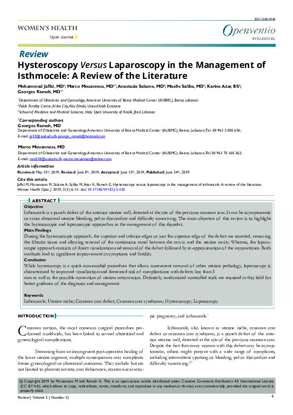 (PDF) Hysteroscopy Versus Laparoscopy in the Management of Isthmocele