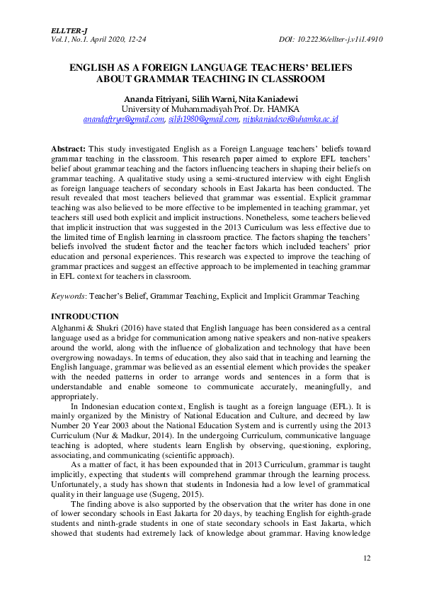 (PDF) English as a Foreign Language Teachers' Beliefs About Grammar ...