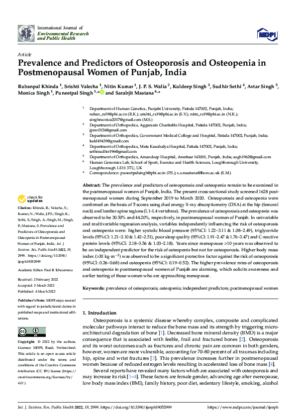 (PDF) Prevalence and Predictors of Osteoporosis and Osteopenia in ...