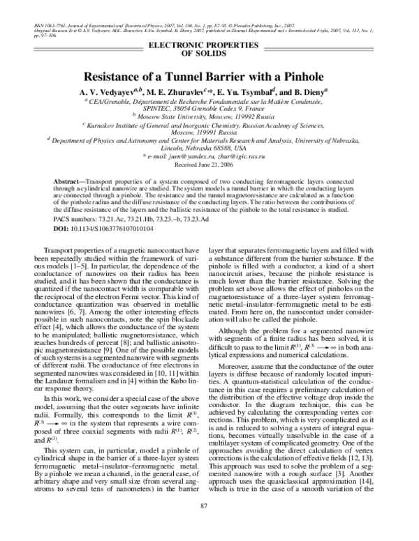 (PDF) Resistance of a tunnel barrier with a pinhole