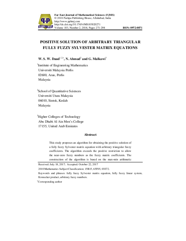 (PDF) Positive Solution of Arbitrary Triangular Fully Fuzzy Sylvester ...