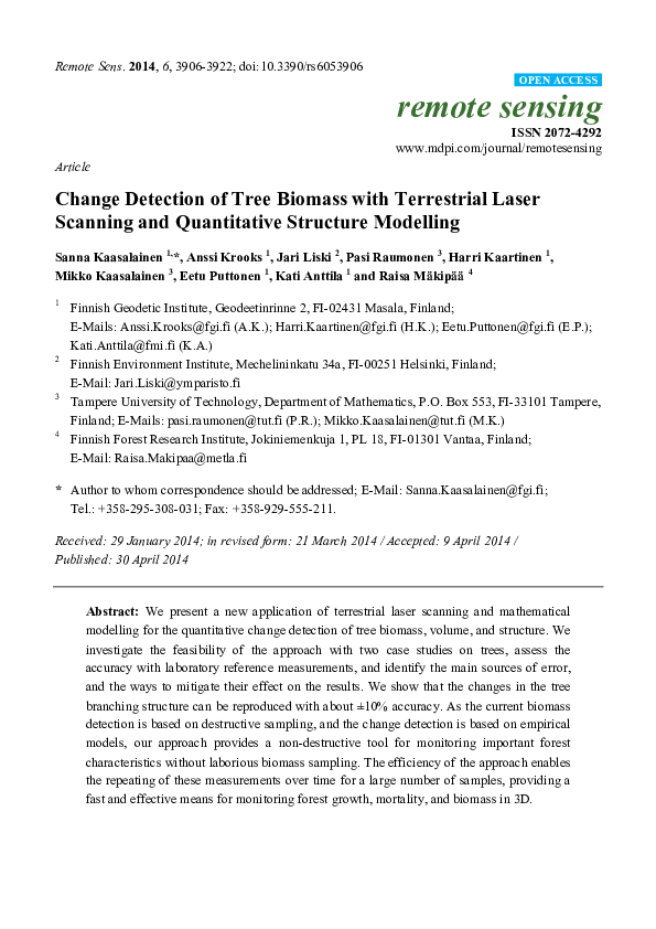 (PDF) Change Detection of Tree Biomass with Terrestrial Laser Scanning ...