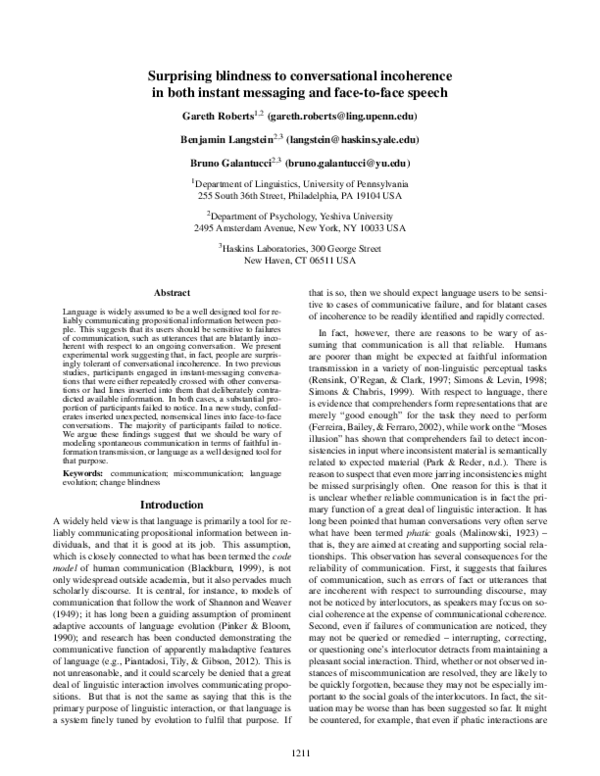 (PDF) Surprising blindness to conversational incoherence in both ...