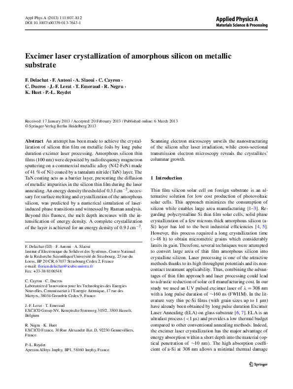 (PDF) Excimer laser crystallization of amorphous silicon on metallic ...