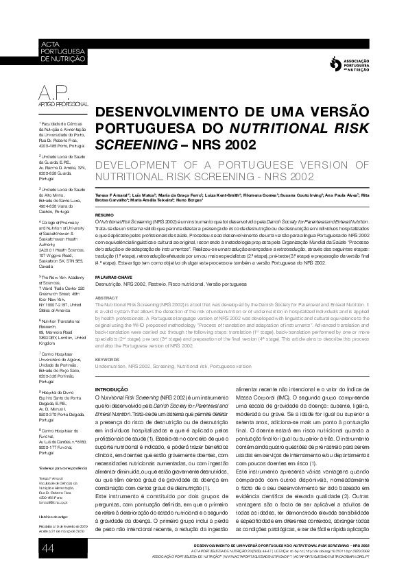 (PDF) Desenvolvimento de uma versão portuguesa do Nutritional Risk ...