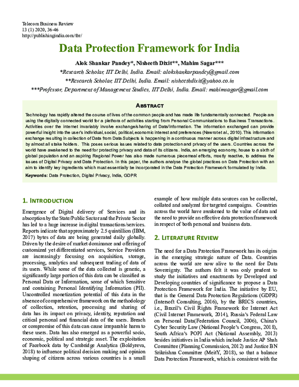 (PDF) Data Protection Framework for India