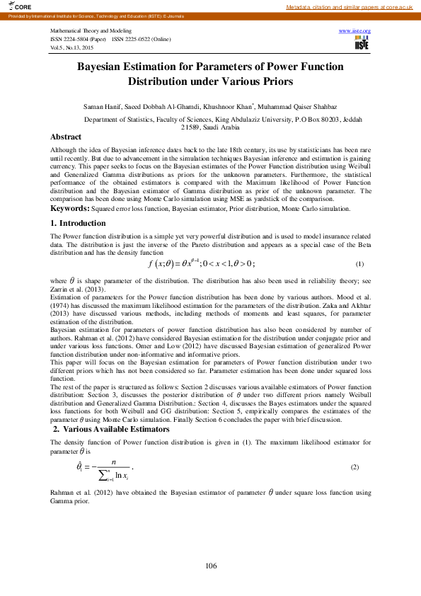 (PDF) Bayesian Estimation for Parameters of Power Function Distribution ...