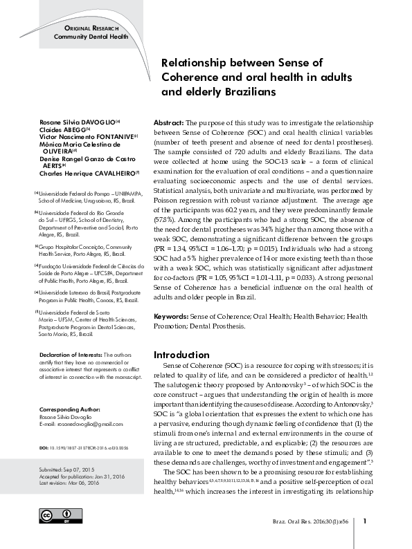 (PDF) Relationship between Sense of Coherence and oral health in adults ...