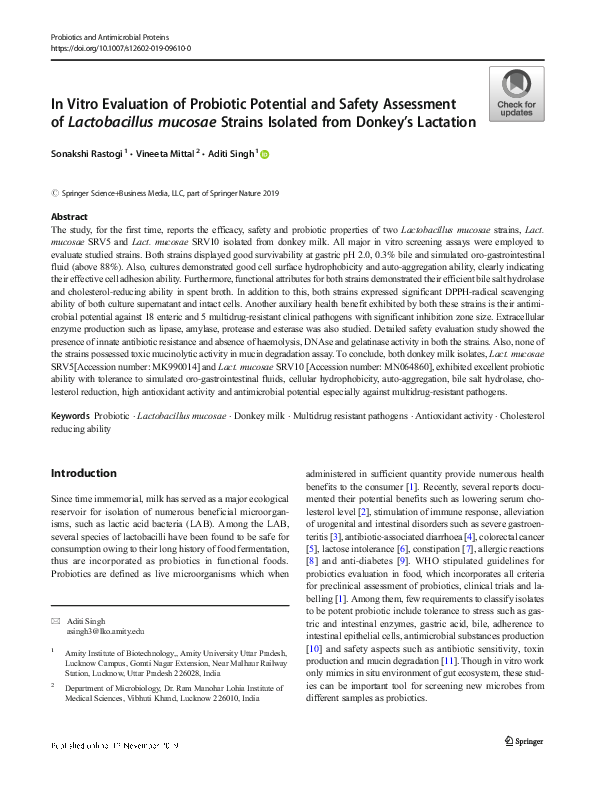 (PDF) In Vitro Evaluation of Probiotic Potential and Safety Assessment ...