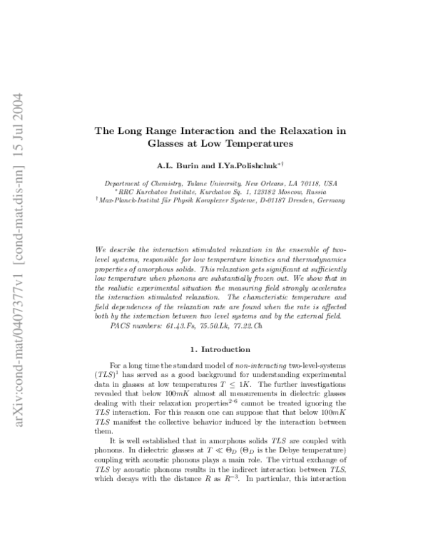 (PDF) The Long Range Interaction and the Relaxation in Glasses at Low ...
