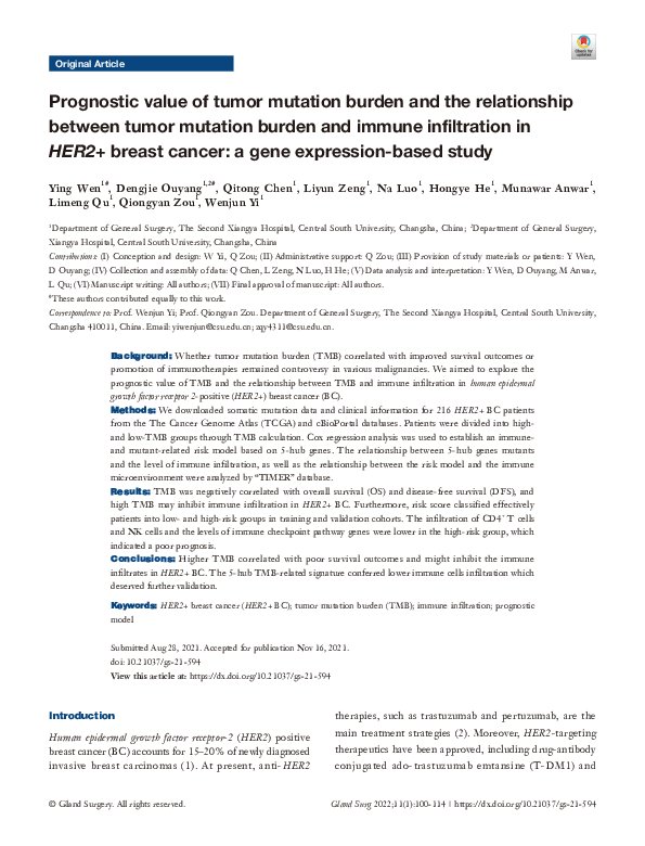 (PDF) Prognostic value of tumor mutation burden and the relationship ...