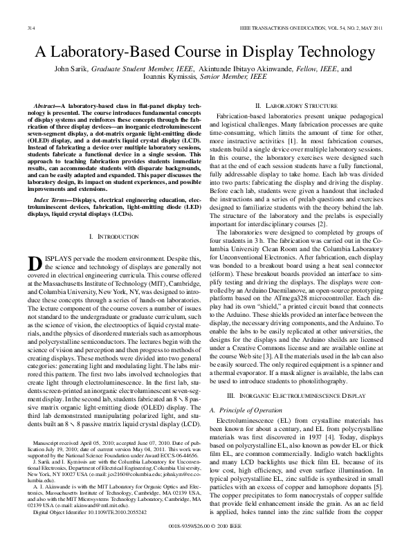 (PDF) A LaboratoryBased Course in Display Technology Akintunde