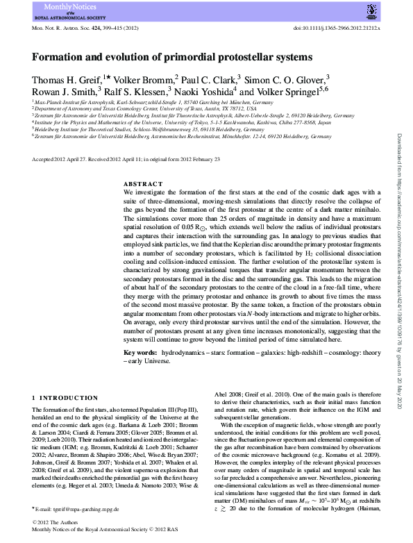 (PDF) Formation and evolution of primordial protostellar systems