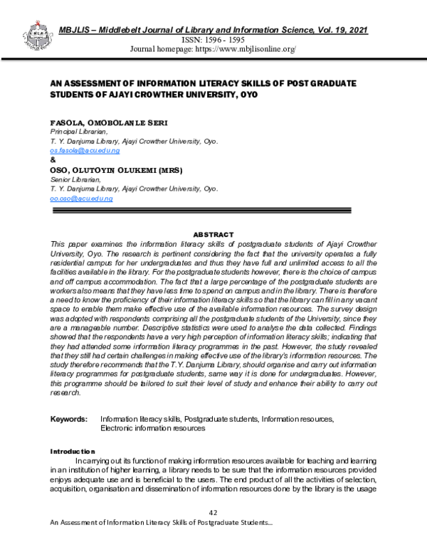 (PDF) AN ASSESSMENT OF INFORMATION LITERACY SKILLS OF POST GRADUATE ...