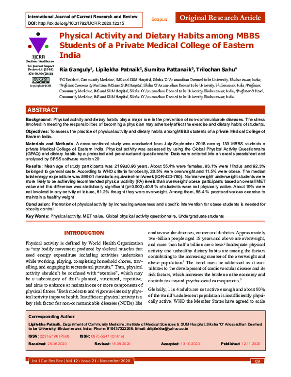 (PDF) Physical Activity and Dietary Habits among MBBS Students of a ...