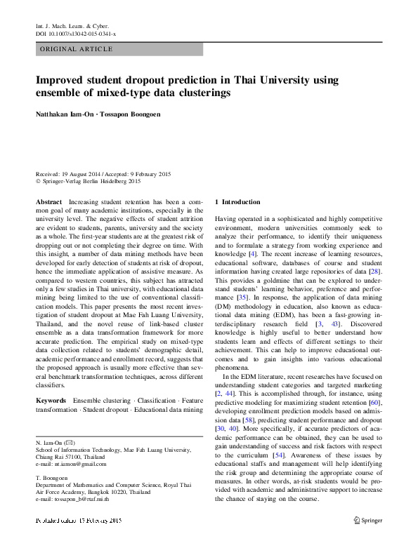 (PDF) Improved student dropout prediction in Thai University using ...