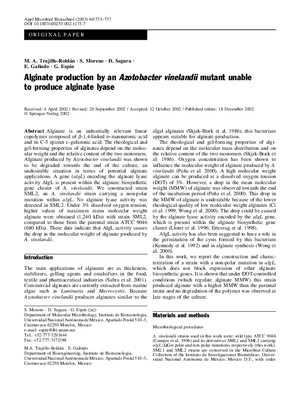 (PDF) Alginate production by an Azotobacter vinelandii mutant unable to ...