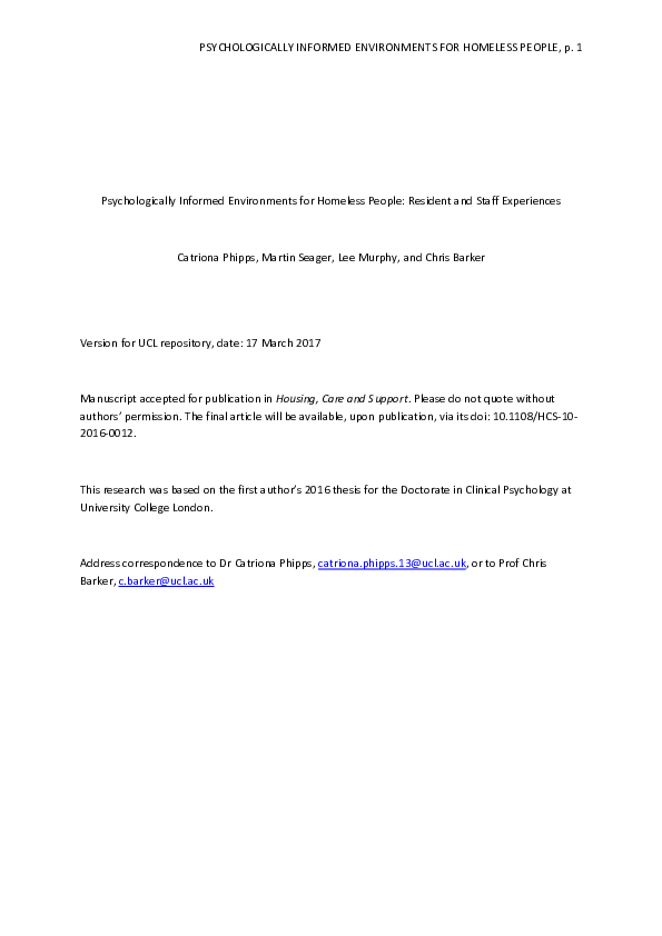 (PDF) Psychologically informed environments for homeless people ...