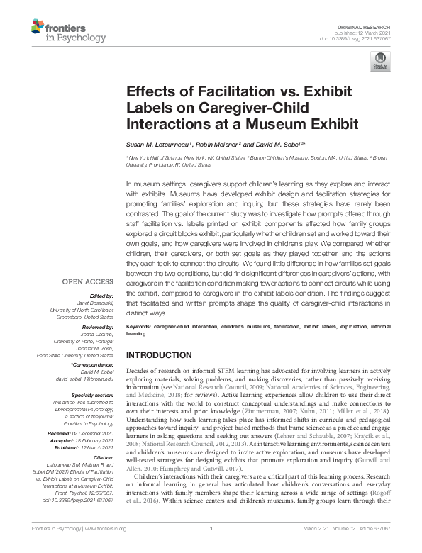 (PDF) Effects of Facilitation vs. Exhibit Labels on CaregiverChild Interactions at a Museum