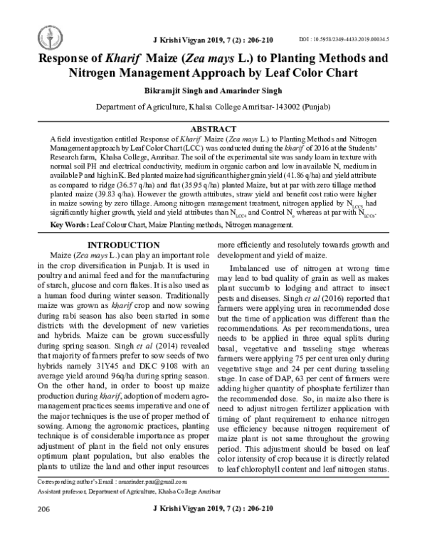 (PDF) Response of Kharif Maize (Zea mays L.) to Planting Methods and ...