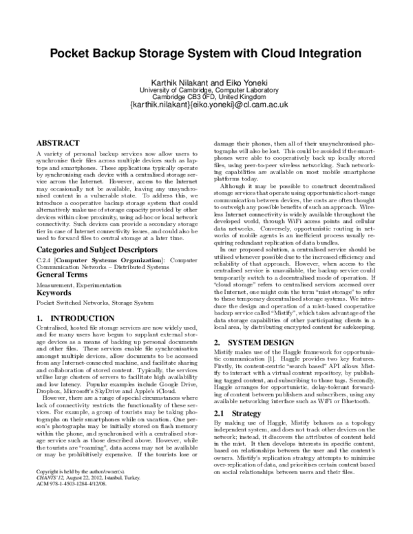 (PDF) Pocket backup storage system with cloud integration