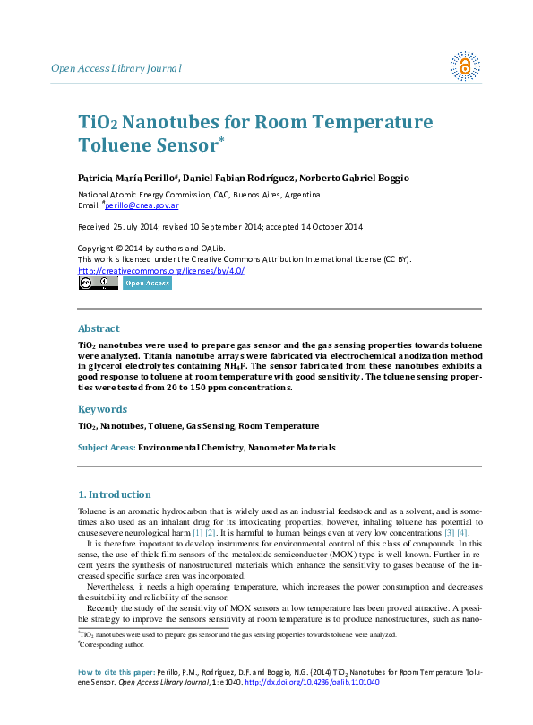 (PDF) TiO2 Nanotubes for Room Temperature Toluene Sensor