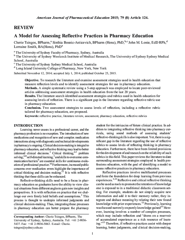 (PDF) A Model for Assessing Reflective Practices in Pharmacy Education