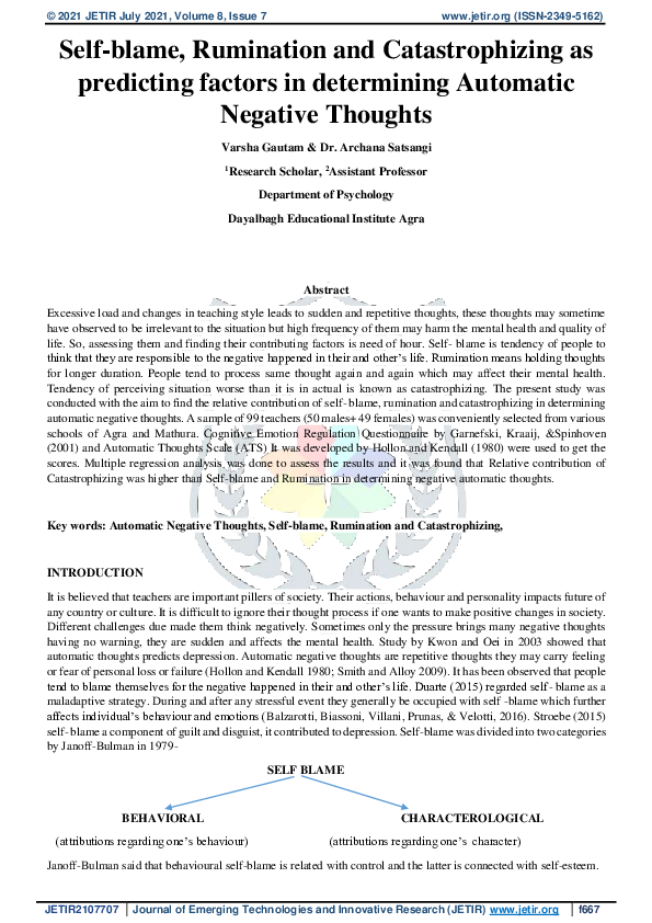 (PDF) Selfblame, Rumination and Catastrophizing as predicting factors in determining Automatic