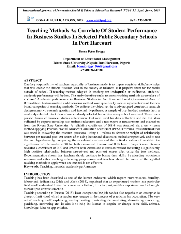 (PDF) Teaching Methods As Correlate Of Student Performance In Business ...