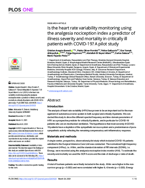Pdf Is The Heart Rate Variability Monitoring Using The Analgesia Nociception Index A Predictor Of Illness Severity And Mortality In Critically Ill Patients With Covid 19 A Pilot Study Cristian Aragon