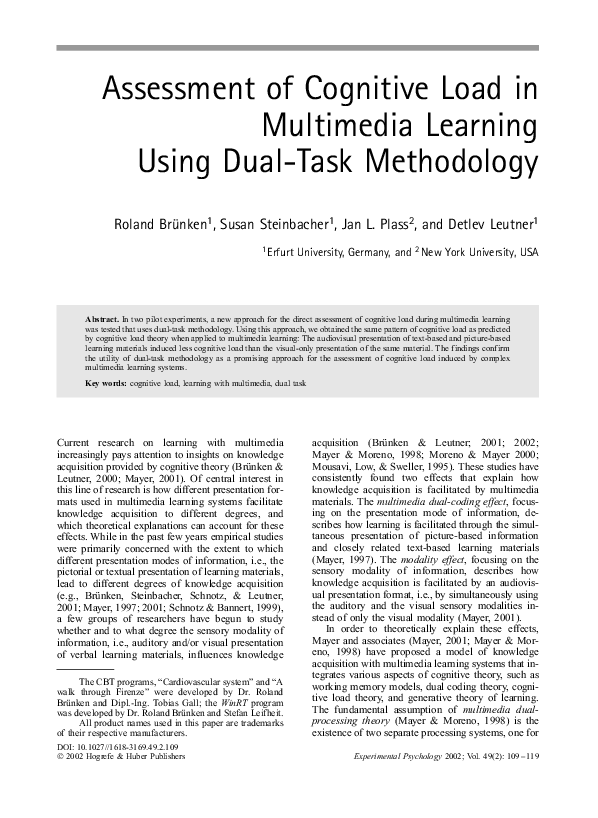 (PDF) Assessment of Cognitive Load in Multimedia Learning Using Dual ...