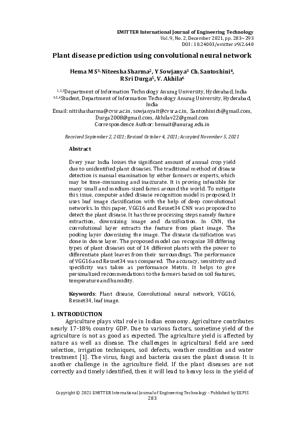 (PDF) Plant Disease Prediction using Convolutional Neural Network