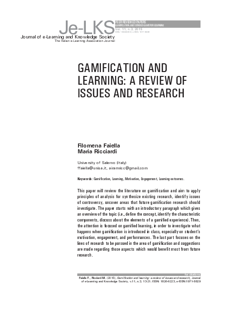 (PDF) Gamification and learning: a review of issues and research