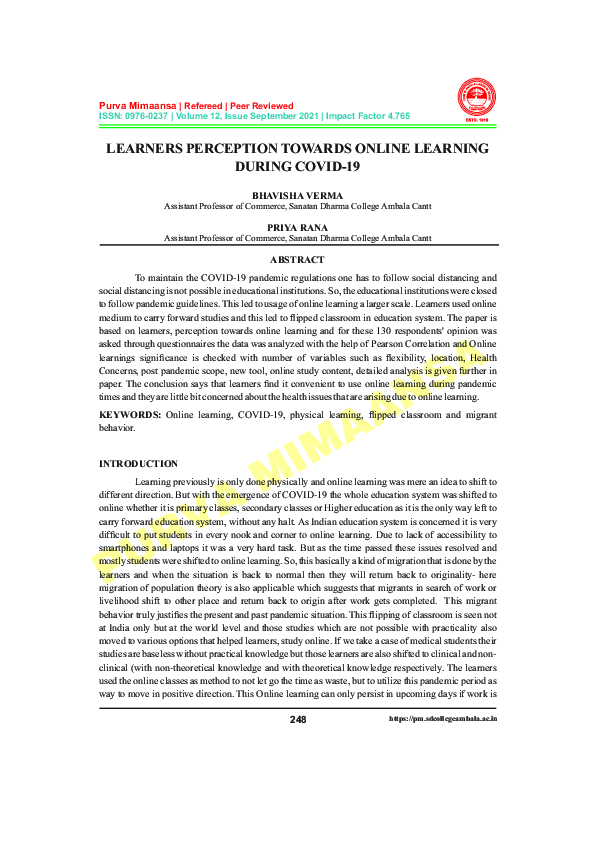 (PDF) Learners Perception Towards Online Learning During COVID-19