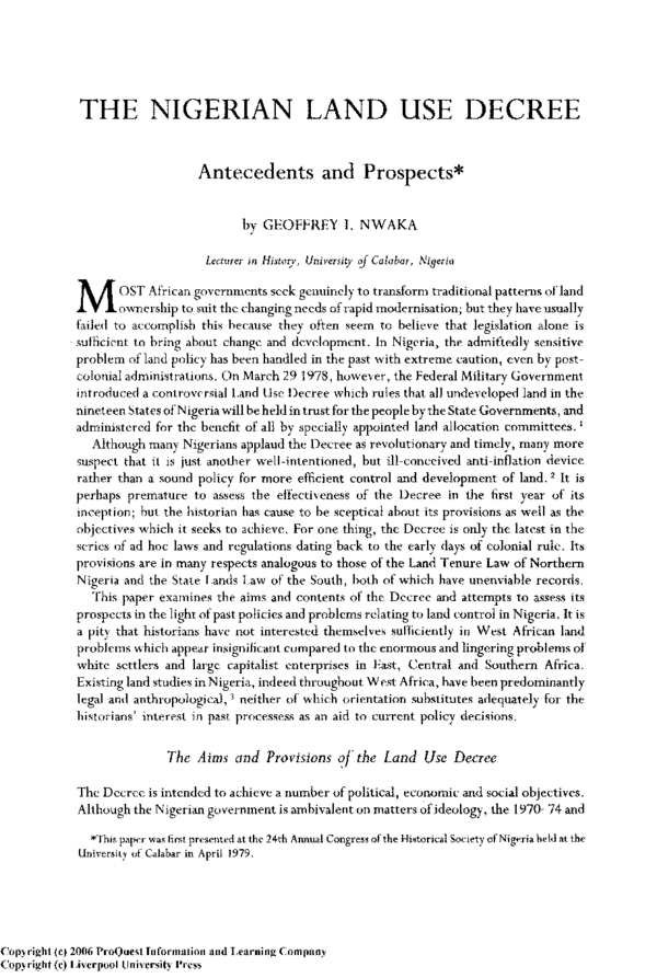 (PDF) The Nigerian Land Use Decree Antecedents and Prospects