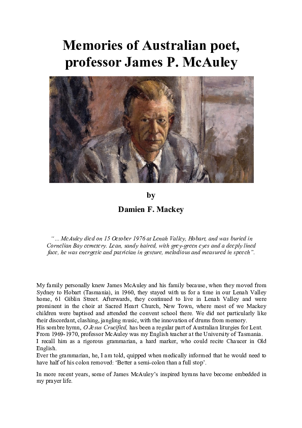 (DOC) Memories of Australian poet, professor James P. McAuley Damien Mackey Academia.edu