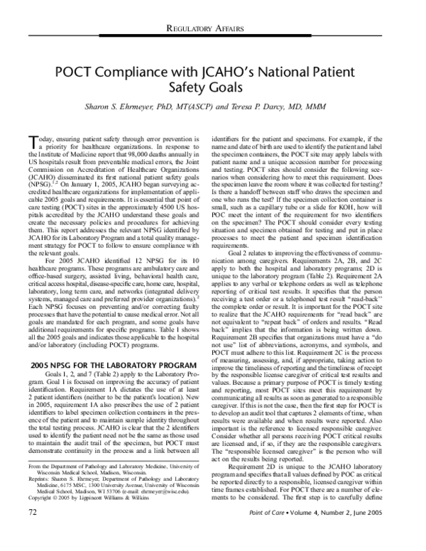 (PDF) POCT Compliance with JCAHO??s National Patient Safety Goals