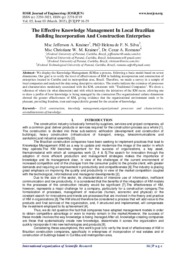  PDF The Effective Knowledge Management In Local Brazilian Building Incorporation And 