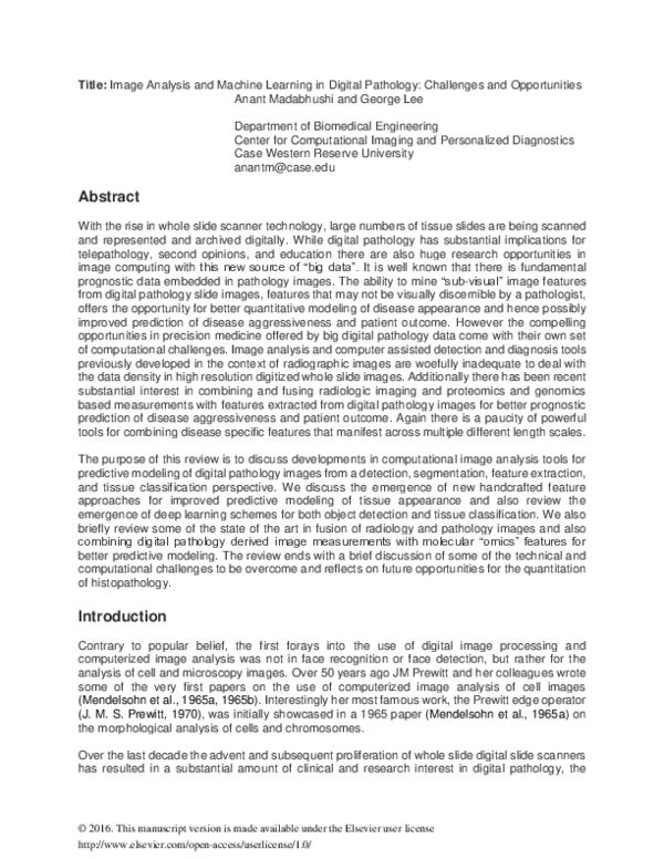 (PDF) Image analysis and machine learning in digital pathology ...