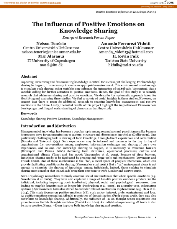 (PDF) The Influence of Positive Emotions on Knowledge Sharing