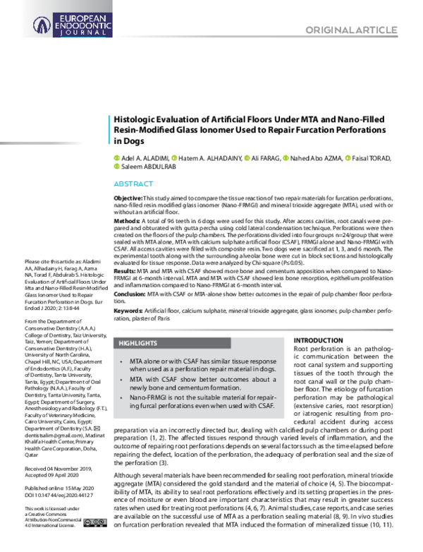 (PDF) Histologic evaluation of artificial floors under MTA and Nano