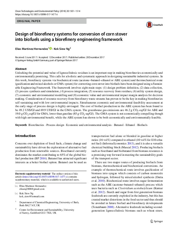 (PDF) Design of biorefinery systems for conversion of corn stover into ...