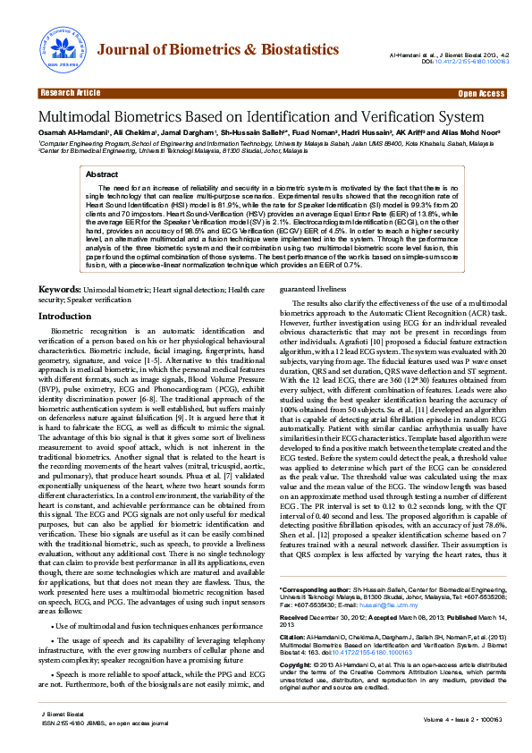 (PDF) Multimodal Biometrics Based on Identification and Verification System