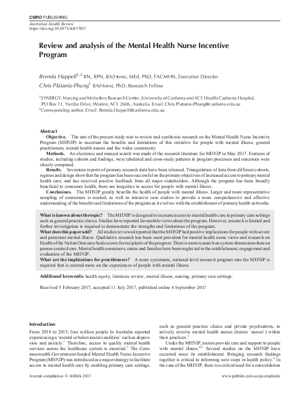 (PDF) Review and analysis of the Mental Health Nurse Incentive Program